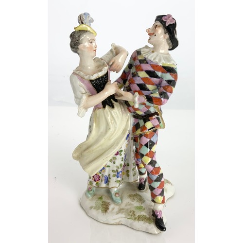 110 - A CONTINENTAL 19TH CENTURY PORCELAIN FIGURE GROUP, OF HARLEQUIN AND COLUMBINE, APPROX. 15.5 cm