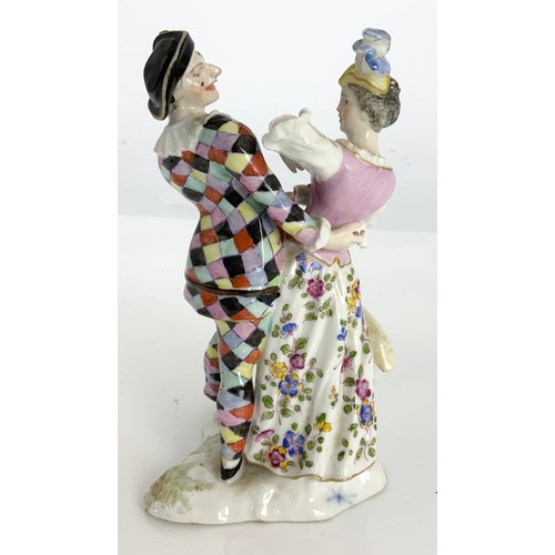 110 - A CONTINENTAL 19TH CENTURY PORCELAIN FIGURE GROUP, OF HARLEQUIN AND COLUMBINE, APPROX. 15.5 cm