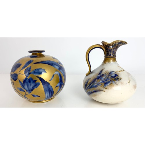 136 - DOULTON BURSLEM IRIS JUG 16cm TALL AND A GLOBULAR VASE WITH COLBALT BLUE & GILT DECORATION