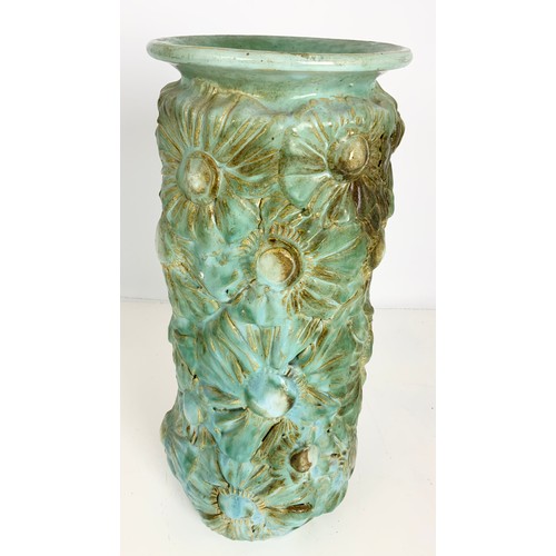 133 - LARGE ART POTTERY VASE WITH EMBOSSED FLOWER DECORATIONS 39cm TALL