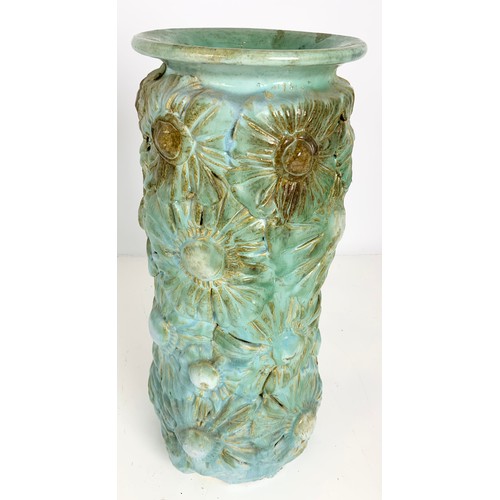 133 - LARGE ART POTTERY VASE WITH EMBOSSED FLOWER DECORATIONS 39cm TALL