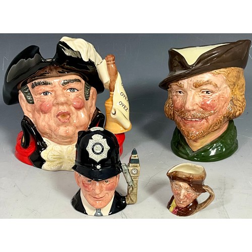 140 - ROYAL DOULTON TOBY JUGS INC. ROBIN HOOD, TOWN CRIER, THE LONDON BOBBY AND MINIATURE ARRY