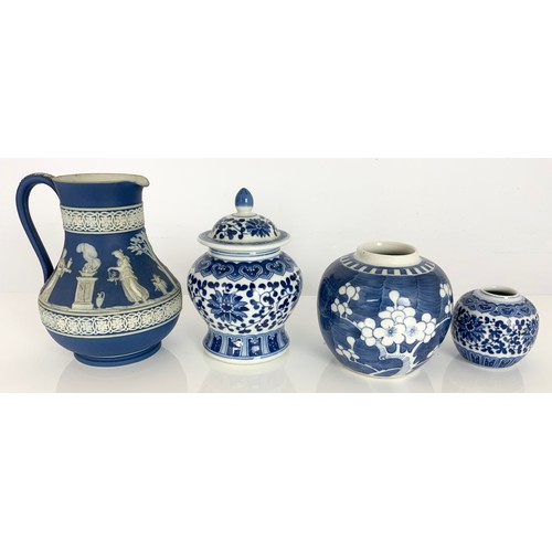 142 - 2 PIECE OF ORIENTAL BLUE AND WHITE PORCELAIN TOGETHER WITH A WEDGWOOD JASPER WARE JUG ETC