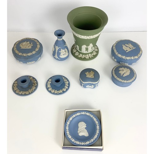 152 - COLLECTION OF WEDGWOOD JASPER WARE INC VASES , LIDDED BOWLS, CANDLESTICKS , TRINKET BOXES ETC