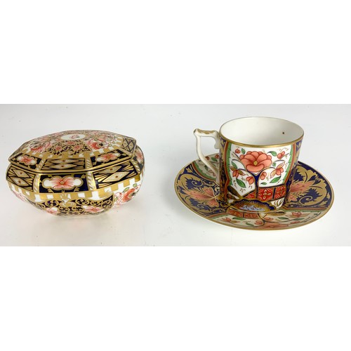 155 - ROYAL CROWN DERBY INC IMARI 1128 TRIO, PARDOE CUP & SAUCER, 6299 PATTERN TRINKET BOX