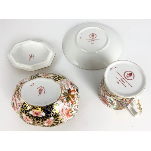 155 - ROYAL CROWN DERBY INC IMARI 1128 TRIO, PARDOE CUP & SAUCER, 6299 PATTERN TRINKET BOX