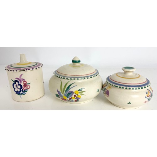 219 - 5 VINTAGE POOLE POTTERY PERSERVE POTS , LIDDED BOWLS DECORATED IN TRADITIONAL PATTERNS