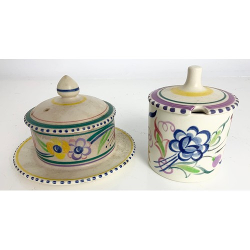 219 - 5 VINTAGE POOLE POTTERY PERSERVE POTS , LIDDED BOWLS DECORATED IN TRADITIONAL PATTERNS