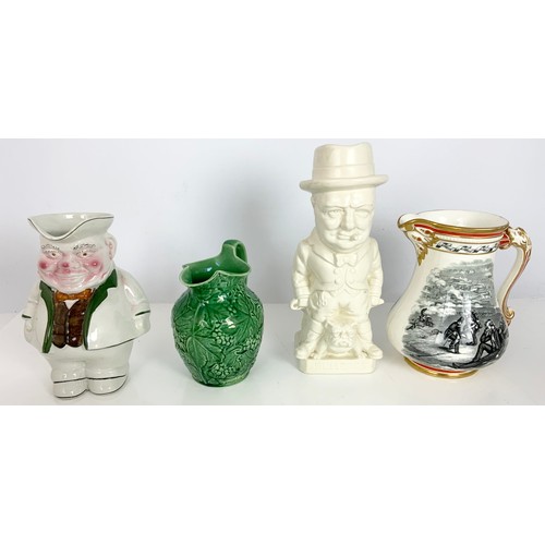 209 - A COLLECTION OF JUGS INCLUDING CHURCHILL, WEDGWOOD  GRAPE GREEN GLAZE JUG, MASONS BLUE AND WHITE, WA... 