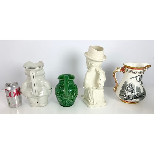 209 - A COLLECTION OF JUGS INCLUDING CHURCHILL, WEDGWOOD  GRAPE GREEN GLAZE JUG, MASONS BLUE AND WHITE, WA... 