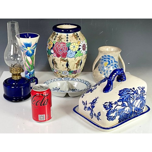 207 - MISC. STAFFORDSHIRE POTTERY INC. VASES, AN OIL LAMP AND CHEESE DISH