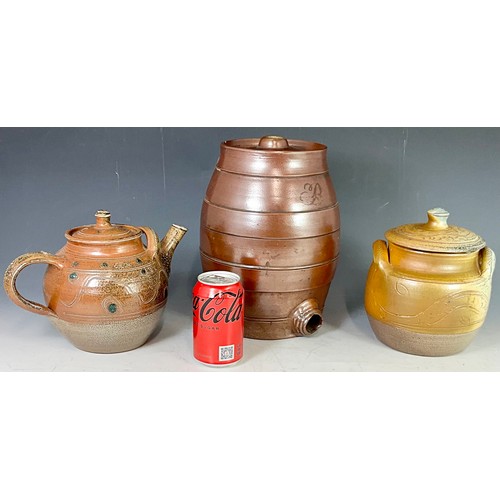 197 - ANTIQUE SALT GLAZED EARTHENWARE BARREL AF, A RAY FINCH WINCHCOMBE POTTERY TEAPOT AND A STUDIO POTTER... 