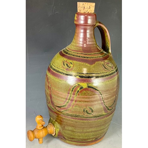 198 - LARGE WINCHCOMBE POTTERY BARREL WITH TAP POSSIBLE RAY FINCH