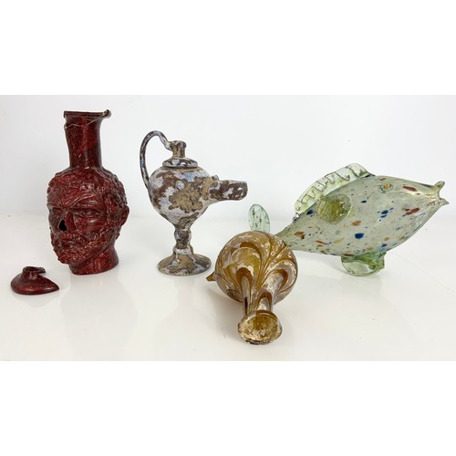 228 - A COLLECTION OF INTERESTING ‘ROMAN’ AND OTHER COLOURED GLASSWARE INC. JANUS FLASKS, FISH, ROMAN LAMP... 