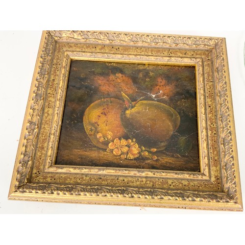 18 - SMALL OIL ON CANVAS DEPICTING FALLEN FRUIT AND BUTTERFLY, APPROX. 18 X 15 cm AND 2 PAINTINGS ON GLAS... 