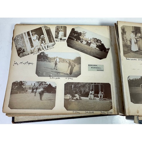 79 - EARLY 20TH CENTURY ALBUM WITH FAMILY PHOTOGRAPHS, SOME GOLF, SKIING AND WINTER SPORTS, CROQUET, FISH... 