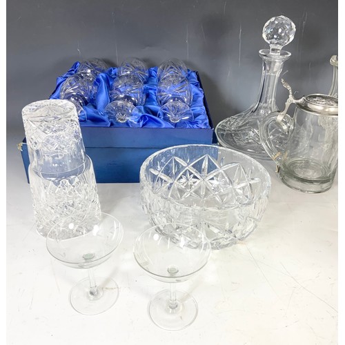 244 - QTY. MISC. GLASSWARE INC. BOXED SET OF HAND CUT LEAD CRYSTAL WINE GLASSES, GLASS BOWL, OTHER DRINKIN... 