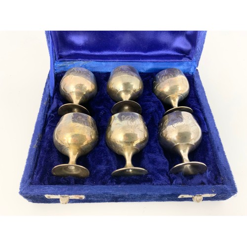 257 - G GAR CASED WATCHES & A CASED SET OF 6 SILVER PLATED SMALL GOBLETS