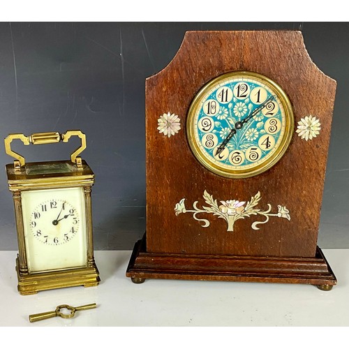 253 - A WEHRLE OAK CASED DECO MANTLE CLOCK WITH SHELL INLAY AND A FRENCH CARRIAGE CLOCK AF