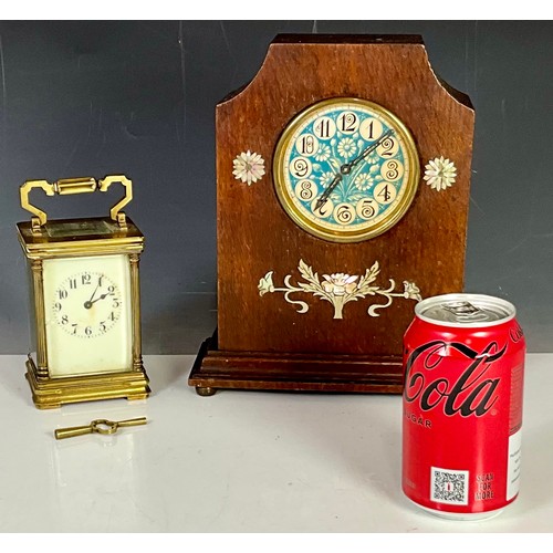 253 - A WEHRLE OAK CASED DECO MANTLE CLOCK WITH SHELL INLAY AND A FRENCH CARRIAGE CLOCK AF