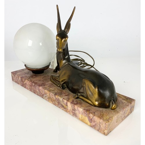 260 - ART DECO STYLE LAMP WITH GILT METAL IMPALA & GLOBULAR WHITE BULB ON RED MARBLE BASE WIDTH 30cm