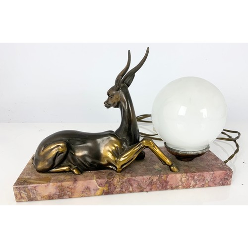 260 - ART DECO STYLE LAMP WITH GILT METAL IMPALA & GLOBULAR WHITE BULB ON RED MARBLE BASE WIDTH 30cm