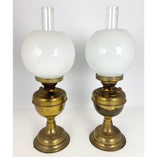 268 - PAIR OF BRASS OIL LAMPS WITH GLOBULAR MILK GLASS SHADES