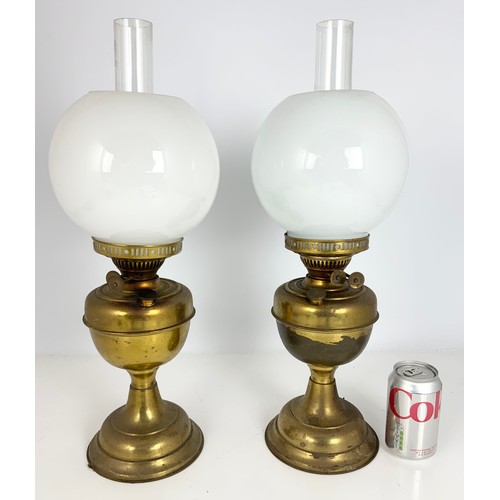 268 - PAIR OF BRASS OIL LAMPS WITH GLOBULAR MILK GLASS SHADES