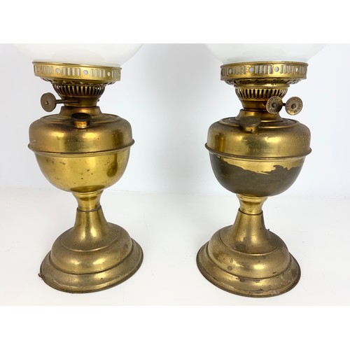 268 - PAIR OF BRASS OIL LAMPS WITH GLOBULAR MILK GLASS SHADES