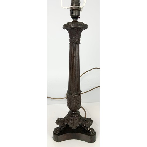 261 - GOOD QUALITY CAST METAL, BRONZE? TABLE LAMP WITH REEDED STEM ABOVE ACANTHUS LEAVES ON TRIPOD MONOPOD... 