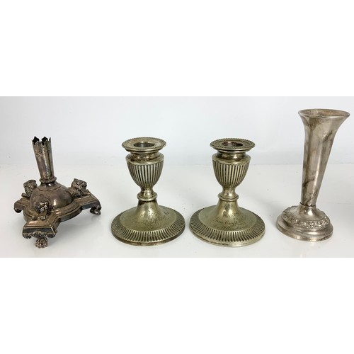 271 - LARGE QUANTITY OF SILVER  PLATED WARE. ETC INC BOXED CUTLERY. , INTRESTING CANDLESTICK WITH CAST LIO... 