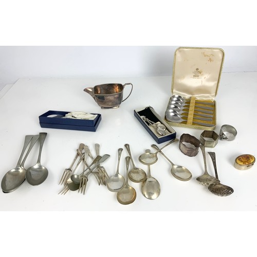 271 - LARGE QUANTITY OF SILVER  PLATED WARE. ETC INC BOXED CUTLERY. , INTRESTING CANDLESTICK WITH CAST LIO... 