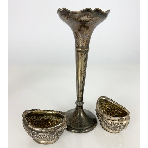 272 - LOADED SILVER TRUMPET VASE, PAIR OF EMBOSSED SILVER SALTS, MISC. PLATED WARE INCLUDING FIGHTING COCK... 