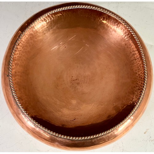 294 - DRYAD LYGON PLANISHED COPPER BOWL ON THREE DOMED FEET WITH ROPE-TWIST RIM DECORATION AND PEWTER TANK... 