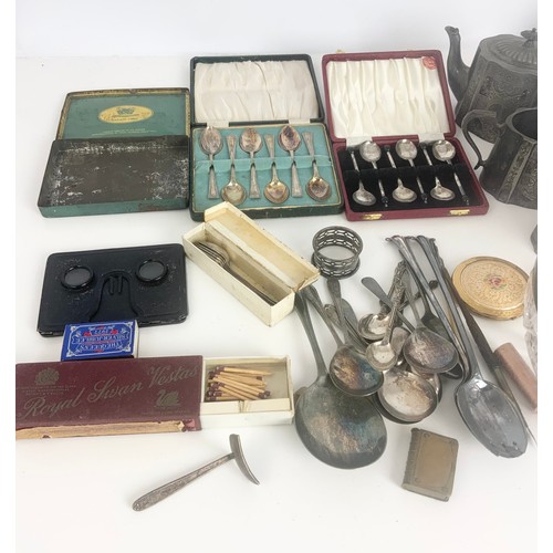 303 - MISCELLANEOUS METALWARE ETC INC PEWTER 3 PIECE TEASET, PLATED CUTLERY  COMPACT, TINS & COINS ETC