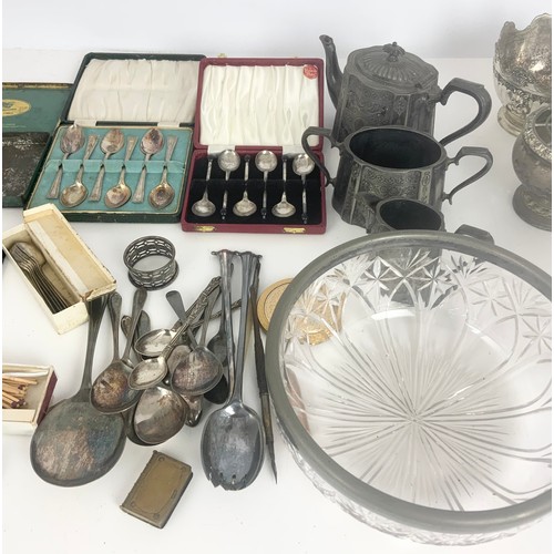 303 - MISCELLANEOUS METALWARE ETC INC PEWTER 3 PIECE TEASET, PLATED CUTLERY  COMPACT, TINS & COINS ETC