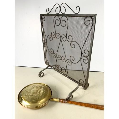 307 - FIRE GUARD WITH SCROLL DECORATION 78cm TALL & A BRASS WARMING PAN