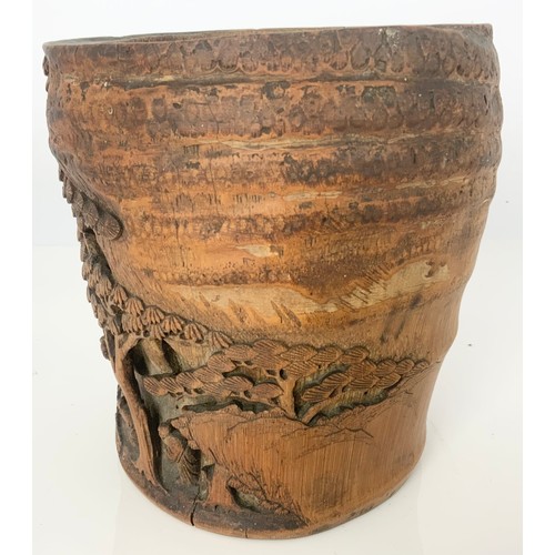 329 - CHINESE CARVED BAMBOO BRUSH POT DECORATED IN RELIEF 17cm TALL