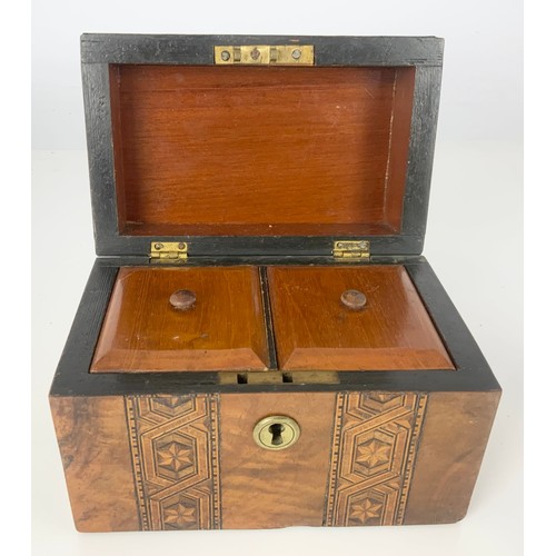 330 - TUNBRIDGE WARE TEA CADDY, INLAID KNEE DESK