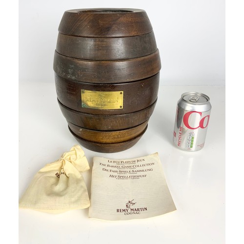 332 - REMY MARTIN GAMES BARREL WITH INSTRUCTIONS 27.5cm TALL