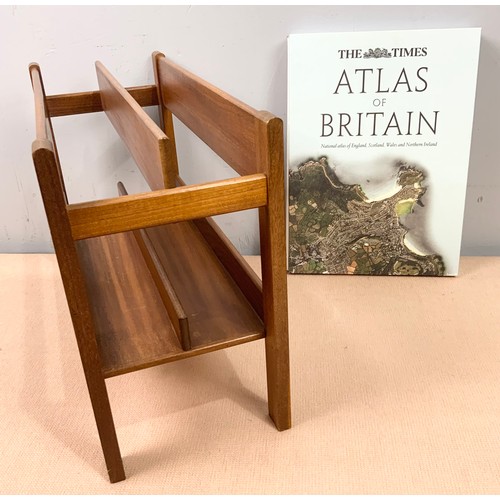 341 - TEAK MID CENTURY MAGAZINE RACK AND A COPY OF THE TIMES ATLAS OF BRITAIN