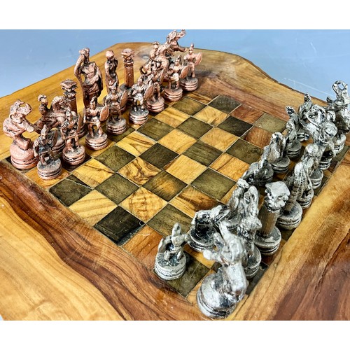 345 - RUSTIC OLIVE WOOD CHESS TABLE WITH METAL CHESS PIECES. Tallest Piece approx. 5cm