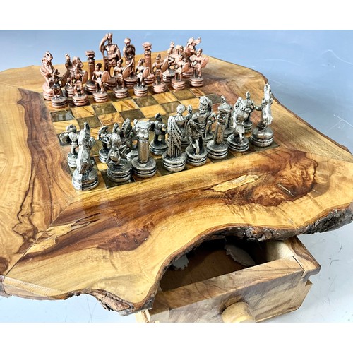 345 - RUSTIC OLIVE WOOD CHESS TABLE WITH METAL CHESS PIECES. Tallest Piece approx. 5cm