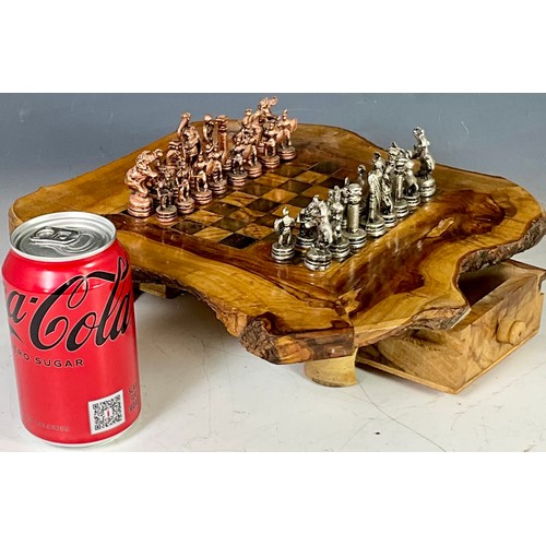 345 - RUSTIC OLIVE WOOD CHESS TABLE WITH METAL CHESS PIECES. Tallest Piece approx. 5cm