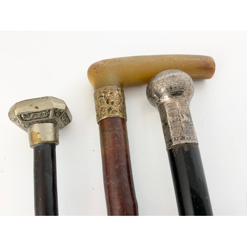 360 - WHITE METAL TOPPED EBONISED CANE , WALKING STICK WITH HORN HANDLE & YELLOW METAL BAND DATED 1897 & A... 