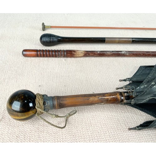 361 - GOOD QUALITY UMBRELLA/ PARASOL WITH TIGER’S EYE KNOB AND 3 GUN CLEANING RODS