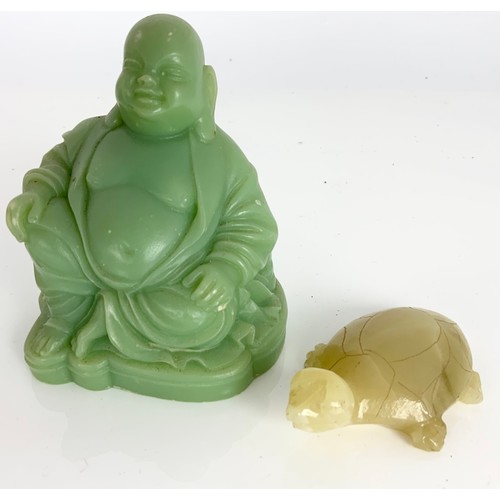 363 - JADE TURTLE AND A BUDDHA FIGURE TOGETHER WITH A SPORTS CAP