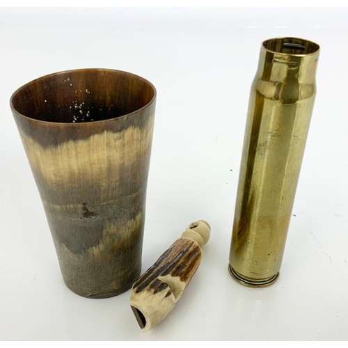 365 - HORN BEAKER, BONE WHISTLE AND A SMALL BRASS SHELL