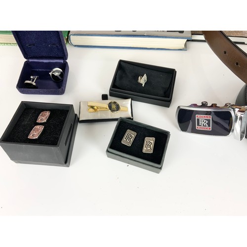 367 - MISC. ROLLS ROYCE RELATED ITEMS INCLUDING BOOKS, CUFF LINKS, TIE PIN, BELT, ETC.