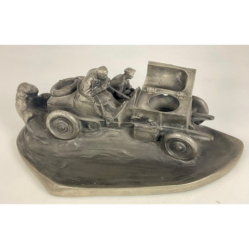 369 - AFTER WILHELM ZWICK, LATE 20TH CENTURY PEWTER-EFFECT INKWELL IN THE FORM OF A RACING CAR WITH HINGED... 